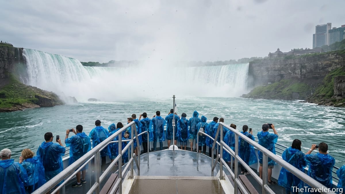 Passengers in blue ponchos on a Maid of the Mist boat approaching Niagara Falls through mist.
