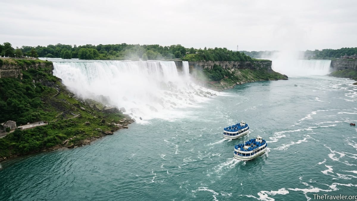 Maid of the Mist boat filled with visitors in blue ponchos approaching Horseshoe Falls at Niagara Falls.