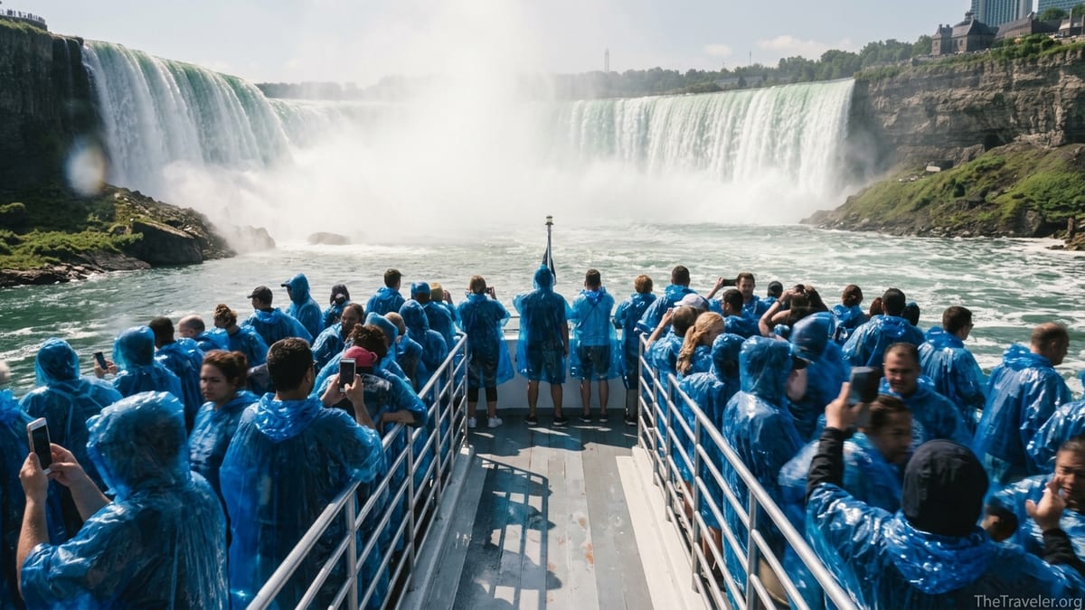 Passengers in blue ponchos on Maid of the Mist boat approaching Horseshoe Falls at Niagara Falls.