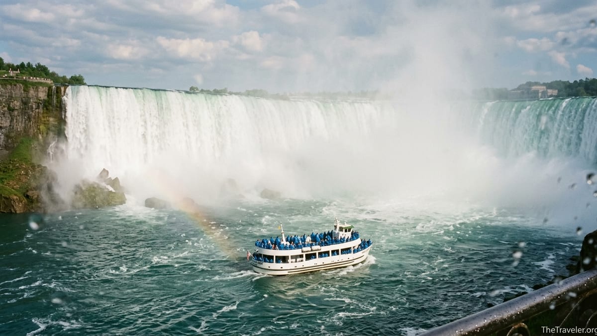 Maid of the Mist boat in blue ponchos approaching Horseshoe Falls through thick mist.