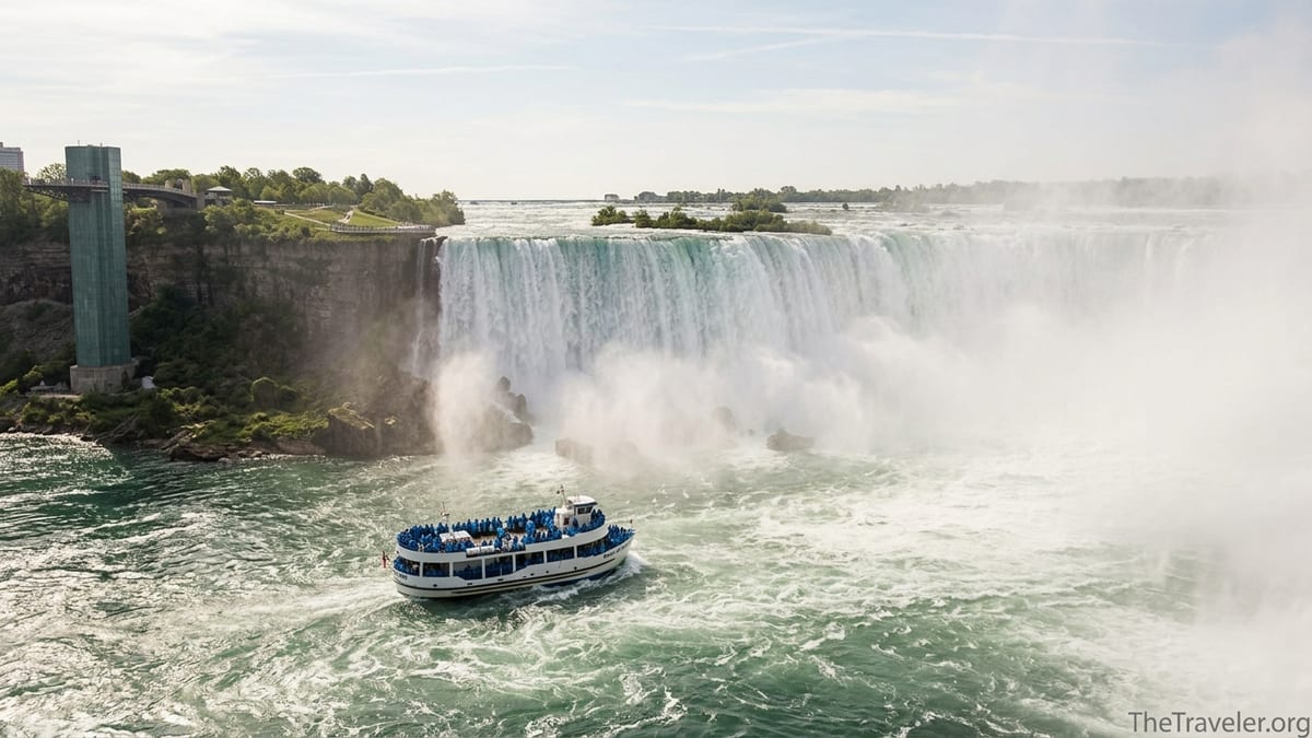 Maid of the Mist boat packed with visitors in blue ponchos approaching Horseshoe Falls at Niagara Falls.