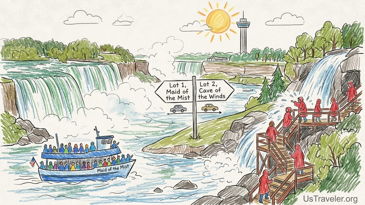 Maid of the Mist boat in heavy spray at Niagara Falls with visitors in blue ponchos on the New York side.