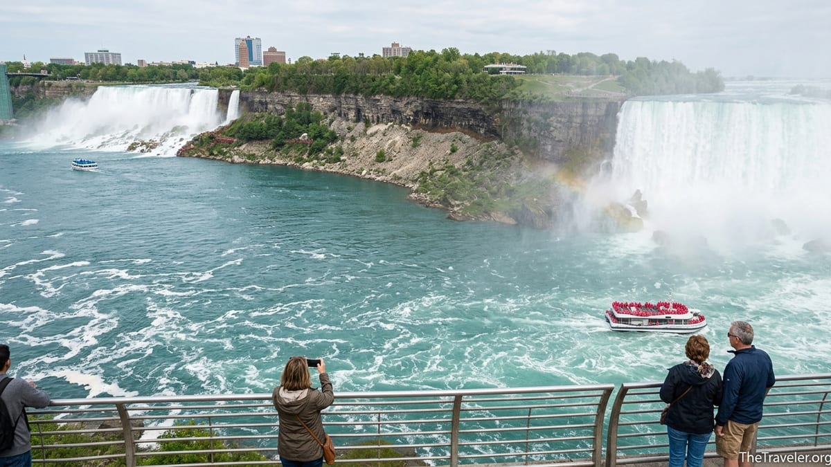 View of Maid of the Mist and Hornblower boats near Niagara Falls with mist and tourists watching from above.