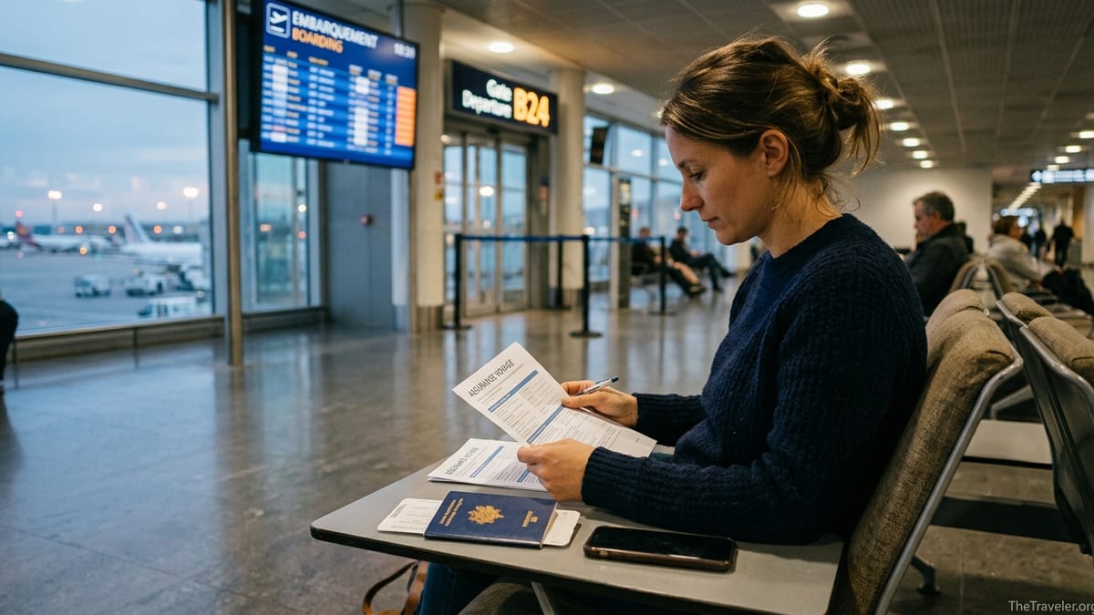 Traveler in an airport lounge reviewing French travel insurance documents at dusk