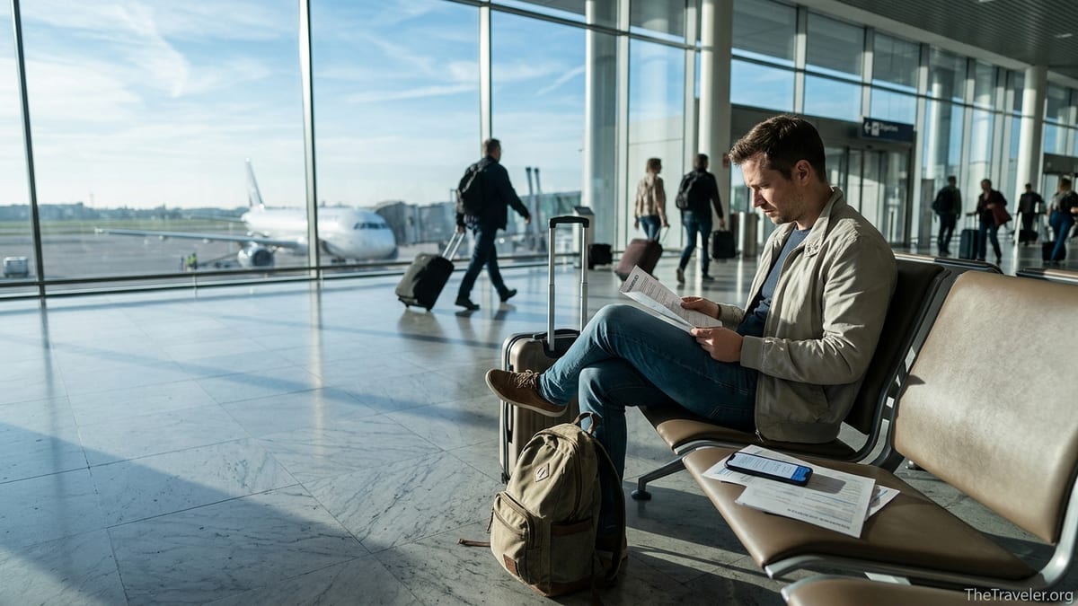 Traveler reviewing MAIF travel insurance papers in a bright airport terminal before boarding.