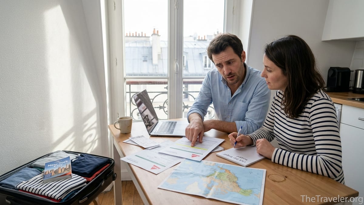 Couple in a Paris apartment reviewing MAIF travel insurance papers before an overseas trip.