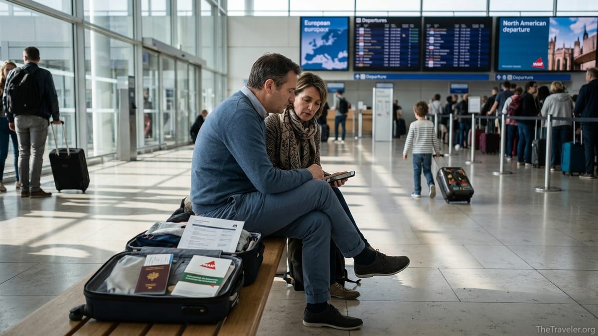 French travelers at an airport quietly reviewing MAIF travel insurance documents.