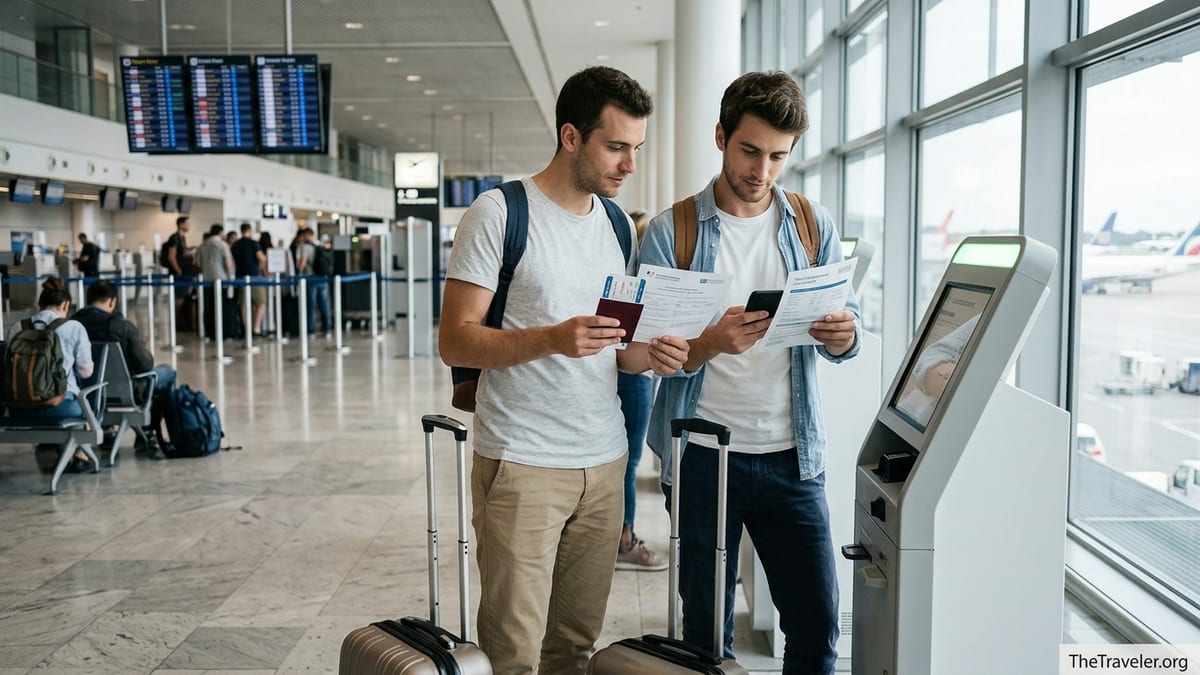 Travelers at an airport kiosk comparing travel insurance documents before an international flight.