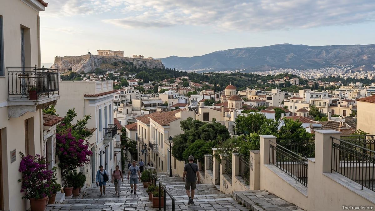 Sunrise over the Acropolis and Athens rooftops with distant mainland mountains.