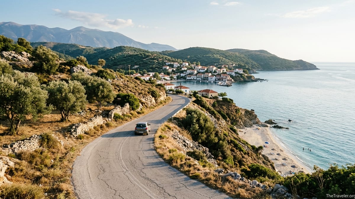 Coastal road above a small beach and village on mainland Greece at sunset