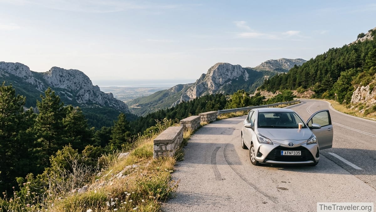 Mountain road in mainland Greece with parked car overlooking green valleys at sunrise.