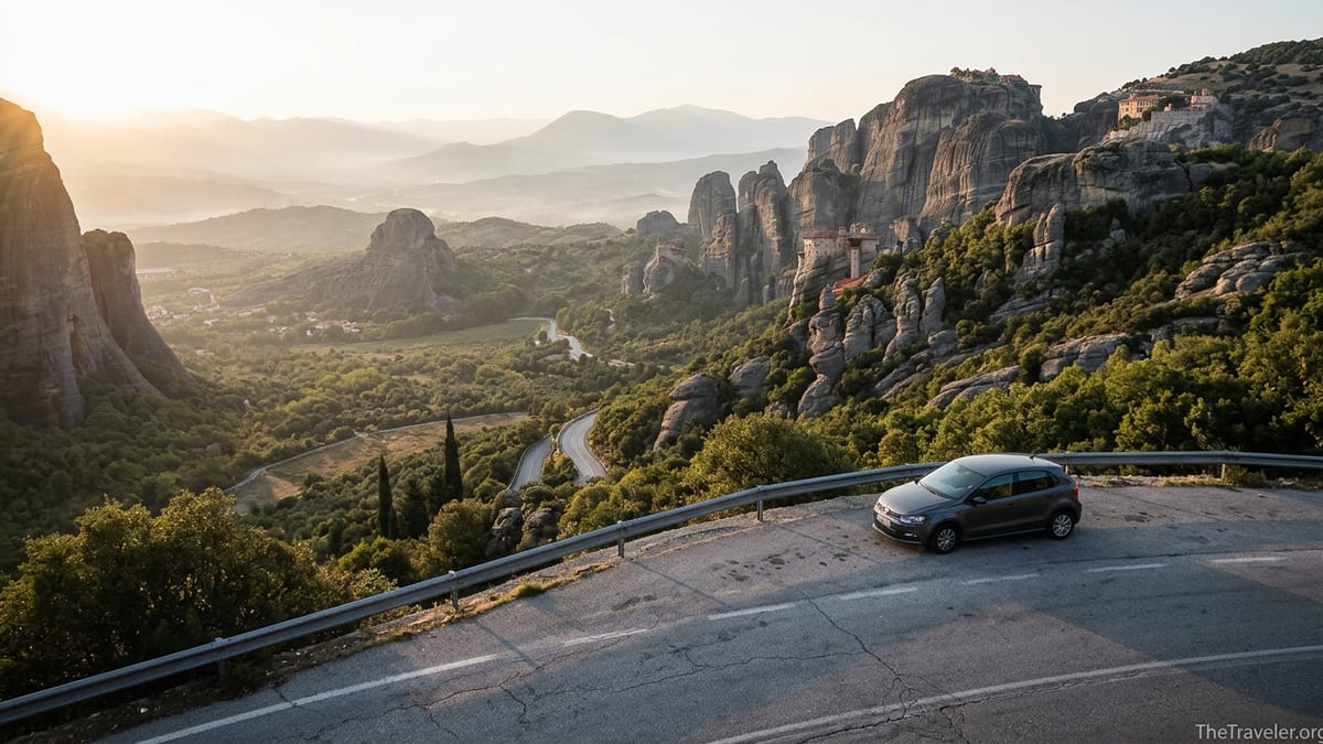 Mountain road overlooking Meteora rock pillars at sunrise on a Greece road trip
