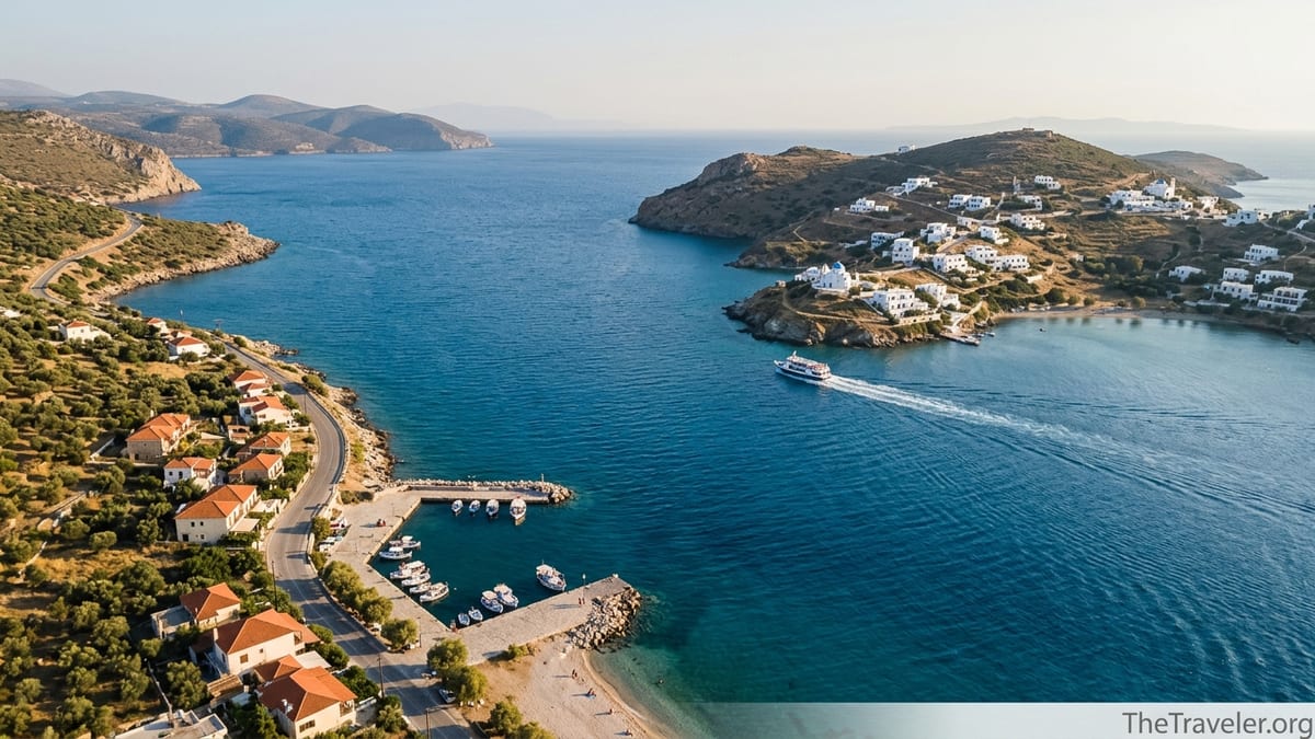 Aerial view of a Greek mainland coastline facing a nearby whitewashed island across deep blue sea.