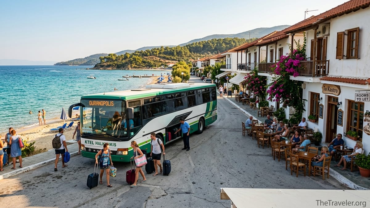 Intercity bus arriving at a small seaside town in Halkidiki, Greece, with beach and whitewashed buildings nearby.