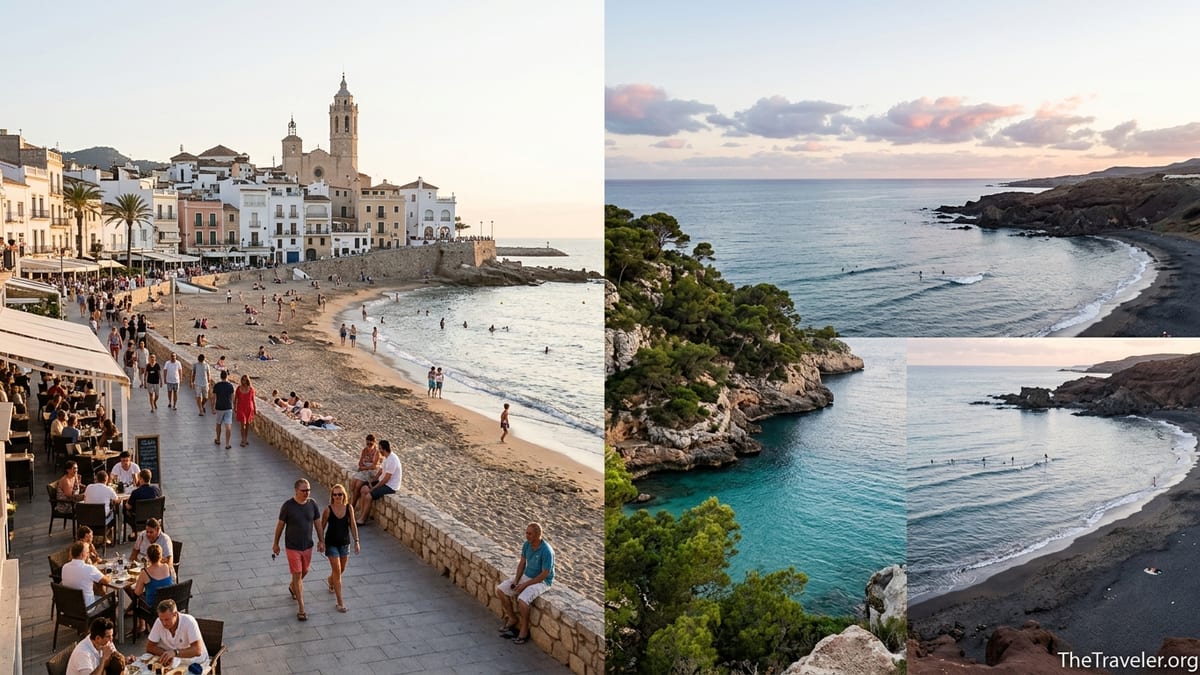 Comparison view of a Spanish mainland beach town and nearby island coves at sunset.