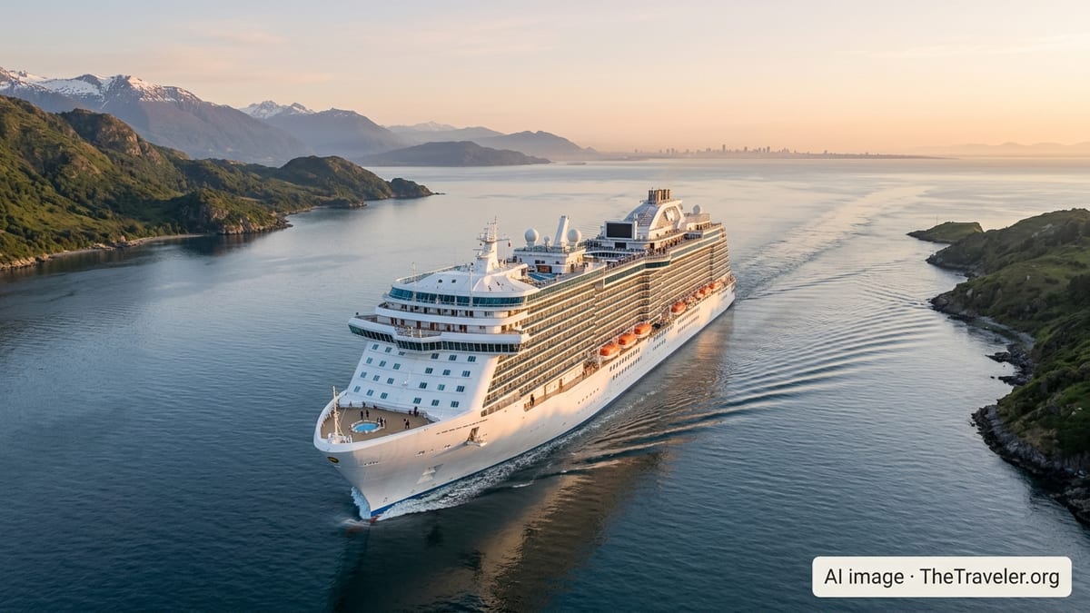 Majestic Princess cruising along a rugged South American coastline at sunset.