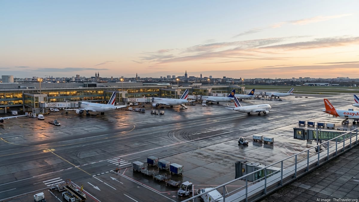 Wide sunset view over a busy French airport with aircraft at gates and terminal lights glowing.