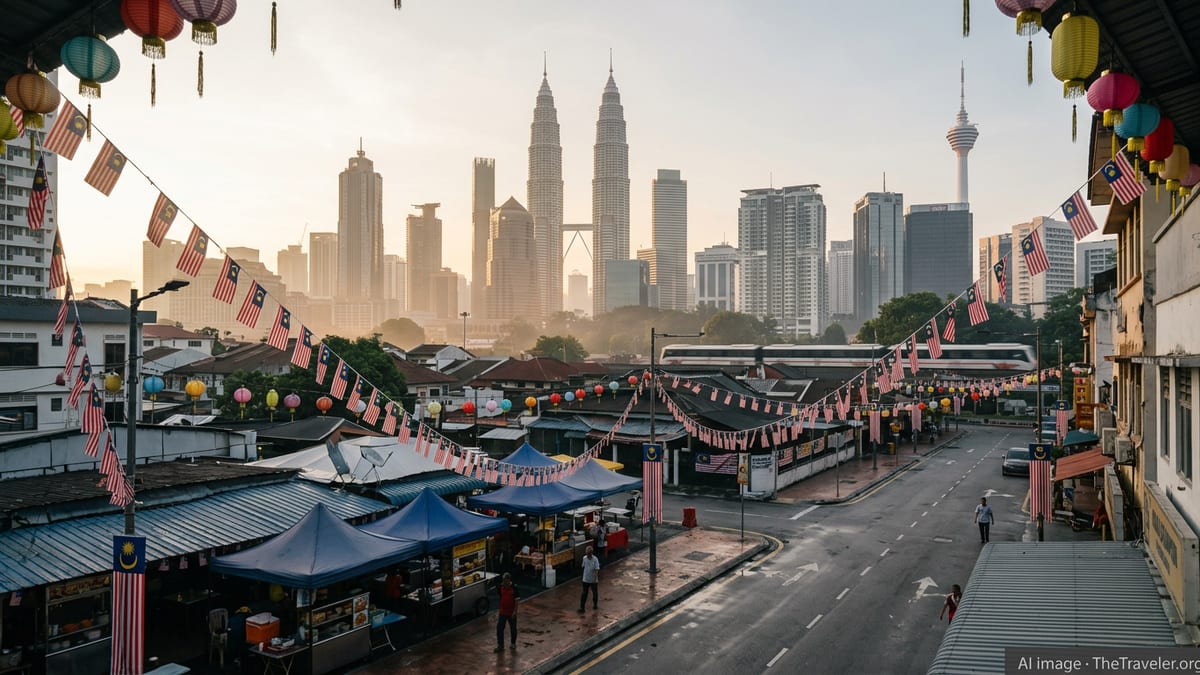 Kuala Lumpur skyline at sunrise with festival flags and banners in the foreground.