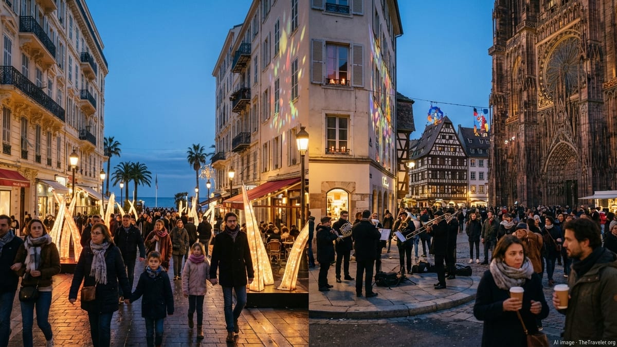 Evening festival crowd in a French city square lit by colorful lights and candles.