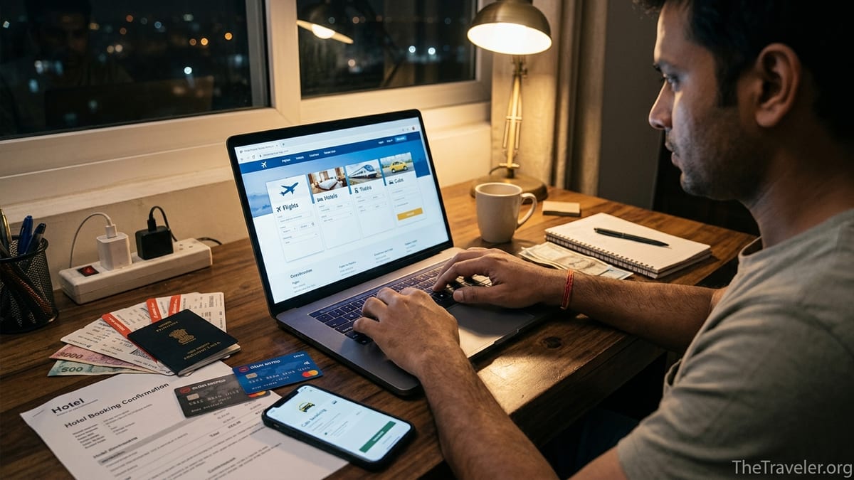 Traveller planning a multi‑step journey on a laptop showing flights, hotels, trains and cabs.
