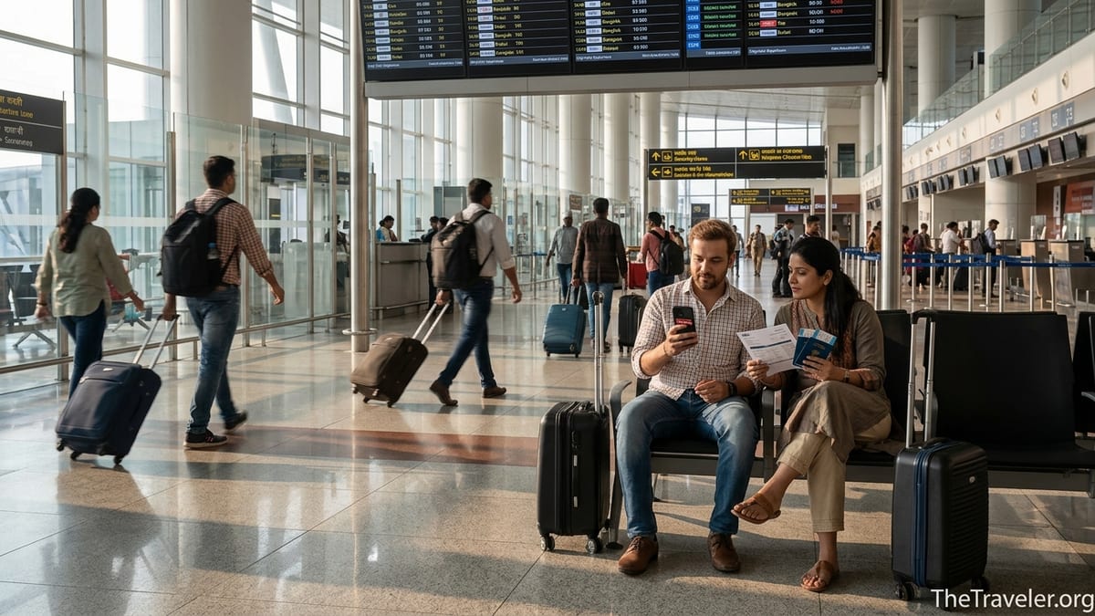 Travelers using a phone to manage flights and hotel bookings in a busy Indian airport terminal.