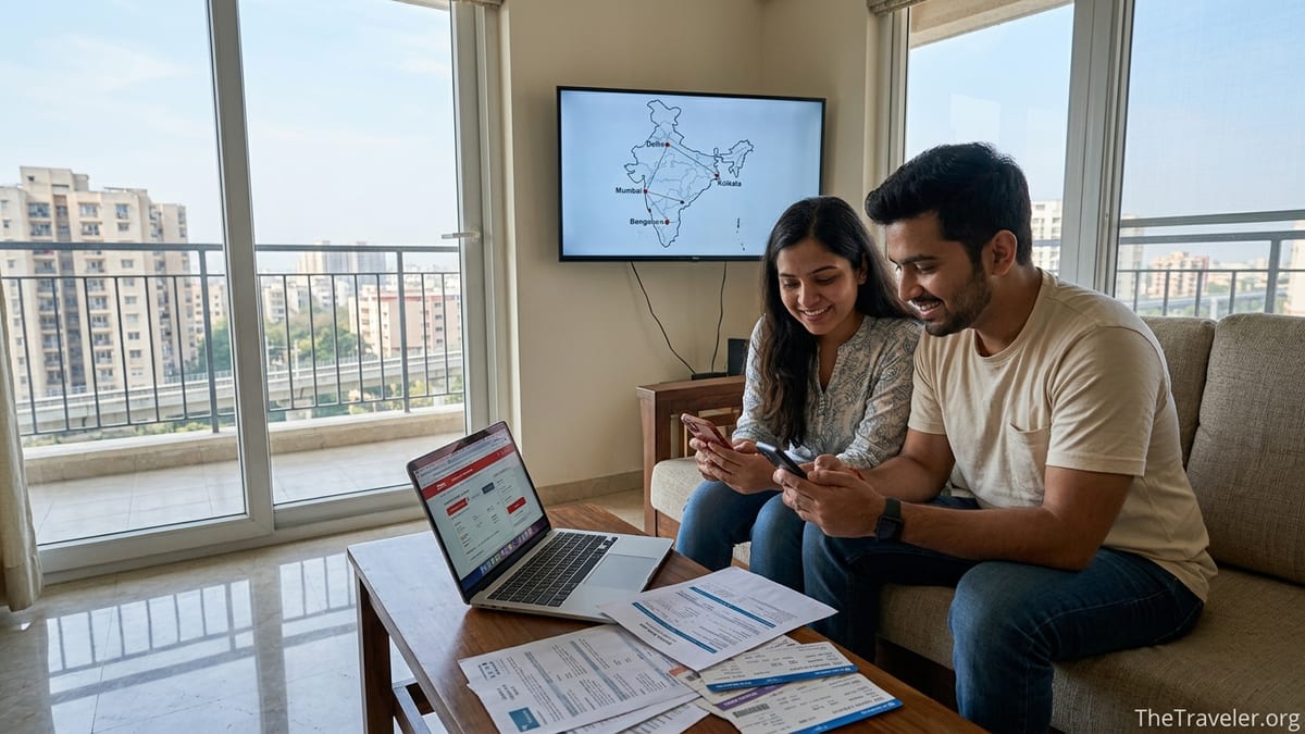 Indian couple using a travel booking app on phones while planning a trip at home.