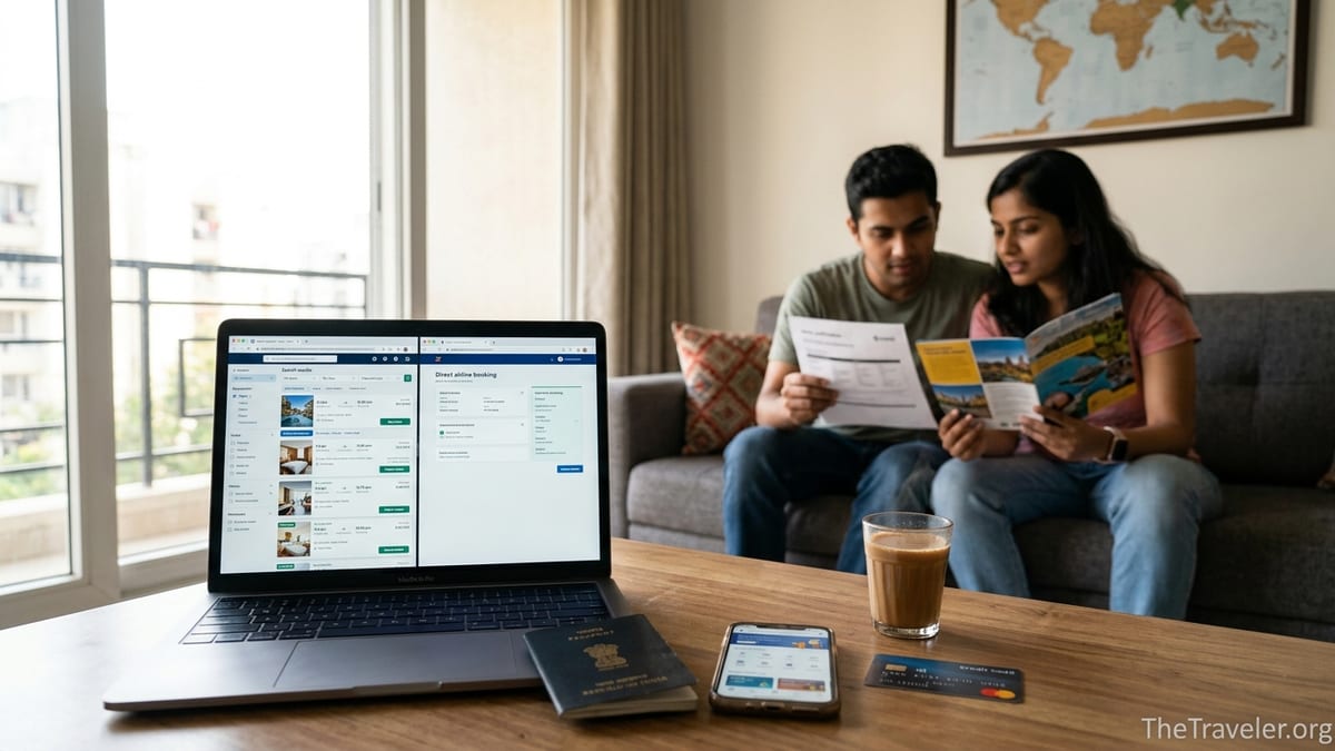 Traveler comparing a travel app and airline website on a laptop while planning a trip at home.