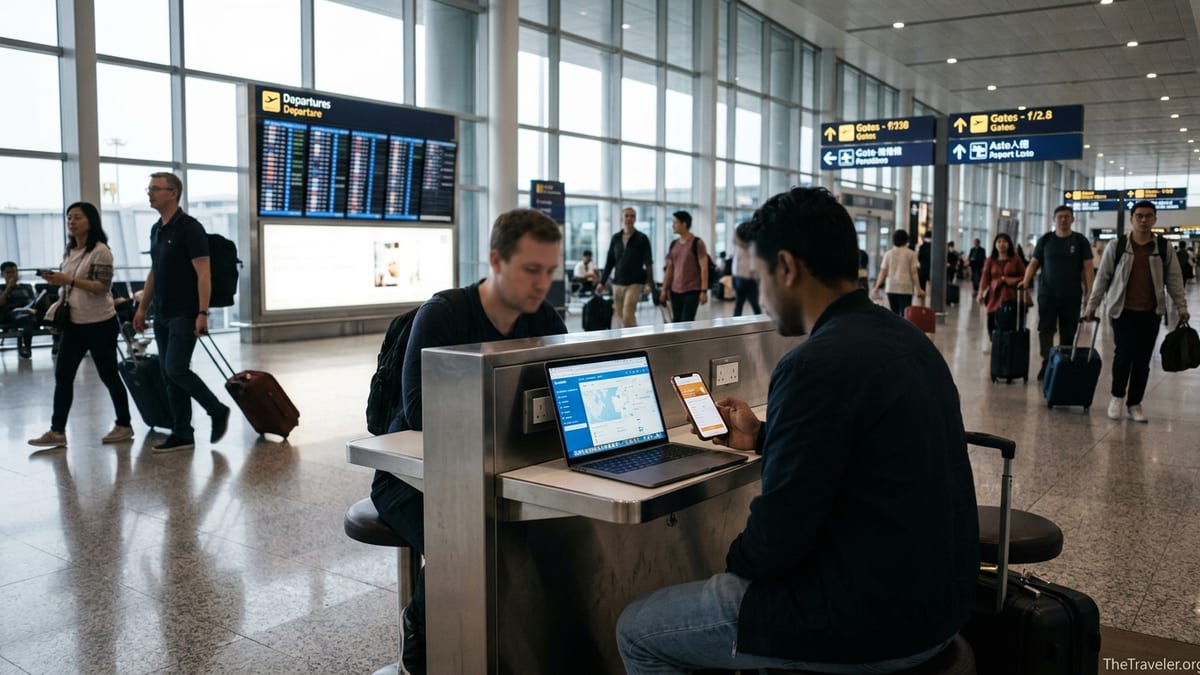 Two travelers in an airport comparing travel booking apps on a laptop and phone.