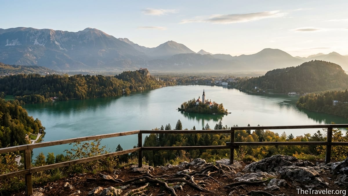 Sunrise view of Lake Bled and its island church from the Mala Osojnica viewpoint above the forested shore.
