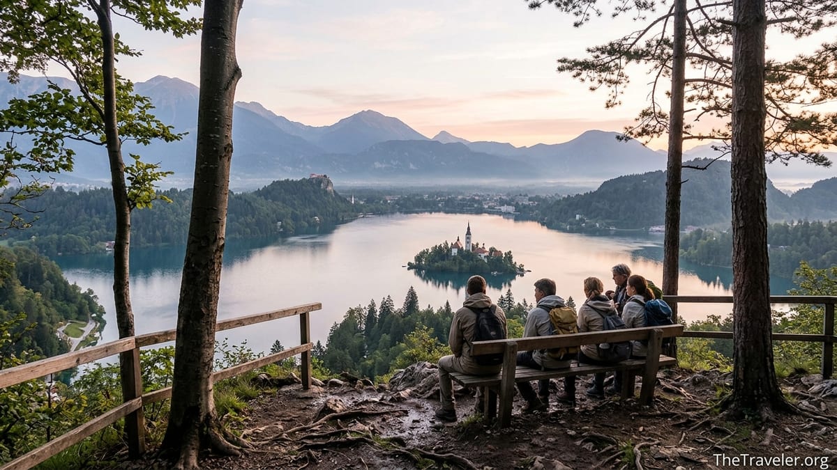 View from Mala Osojnica over Lake Bled, island church and mountains at sunrise.