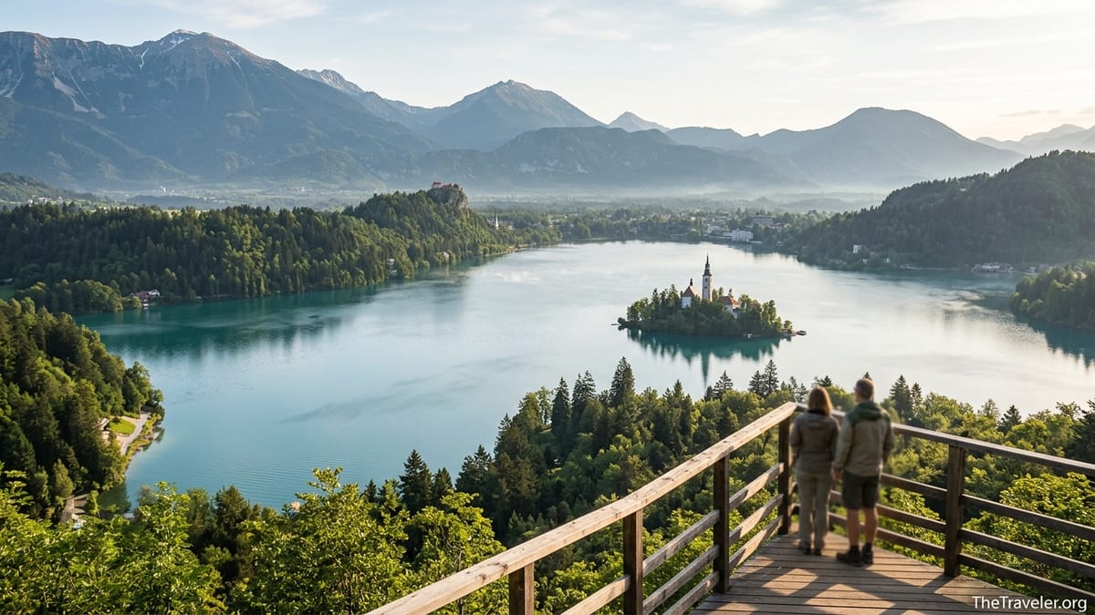 Panoramic sunrise view of Lake Bled and its island from the Mala Osojnica viewpoint.