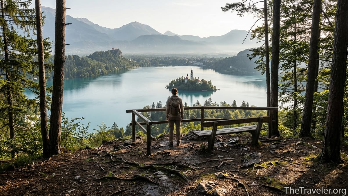 Hiker at Mala Osojnica viewpoint overlooking Lake Bled and its island on a clear early morning.