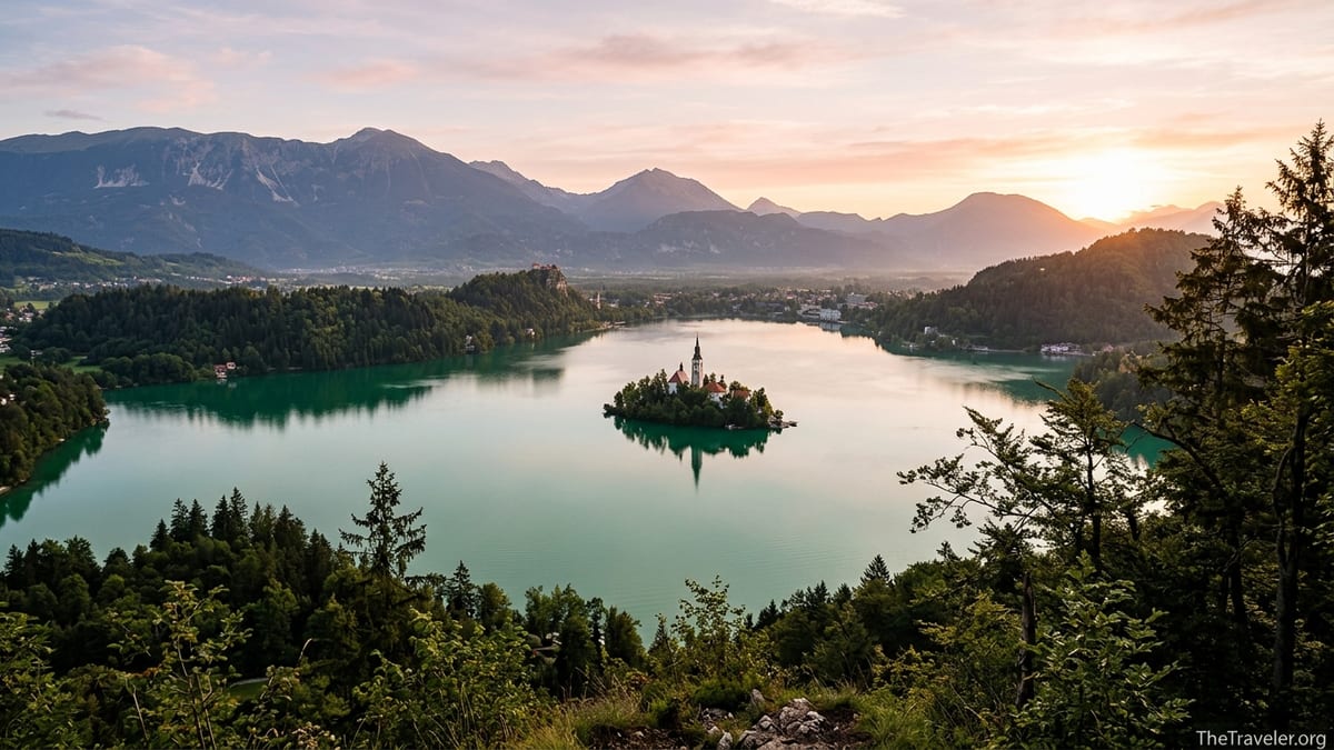 Sunrise view over Lake Bled from above, with the island church and distant mountains.