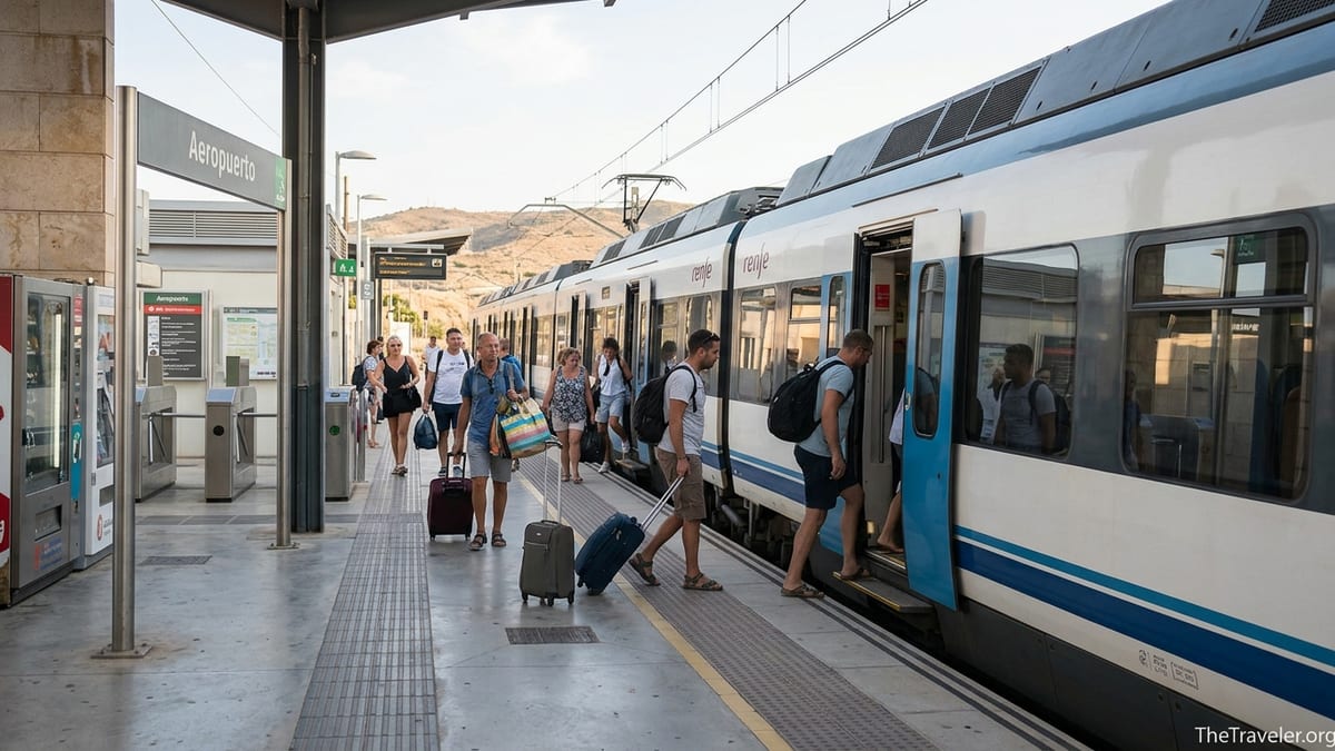 Passengers boarding the C1 commuter train at Malaga Airport station on a sunny afternoon.
