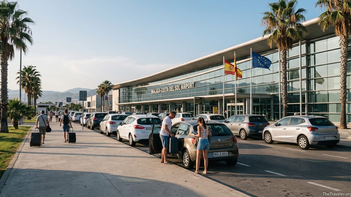 Row of rental cars outside Malaga Costa del Sol Airport terminal on a sunny afternoon.