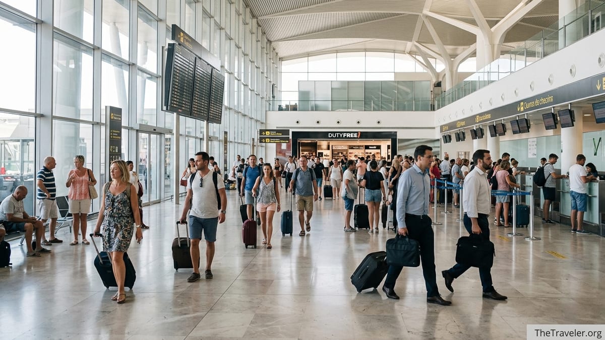 Passengers walking through Malaga Airport departures hall toward security.