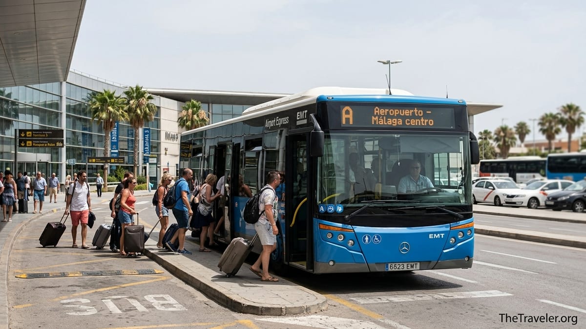 Passengers boarding the Malaga Airport Express Linea A bus outside Terminal 3 in daylight.