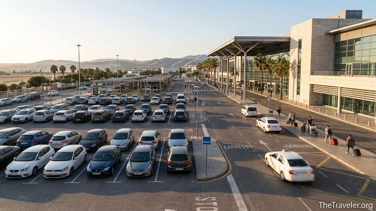 View of Malaga Airport terminal with cars parked in the express and general parking areas at sunset.