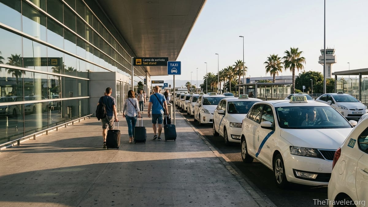 Taxi rank outside Malaga Airport Terminal 3 with white taxis and arriving passengers.