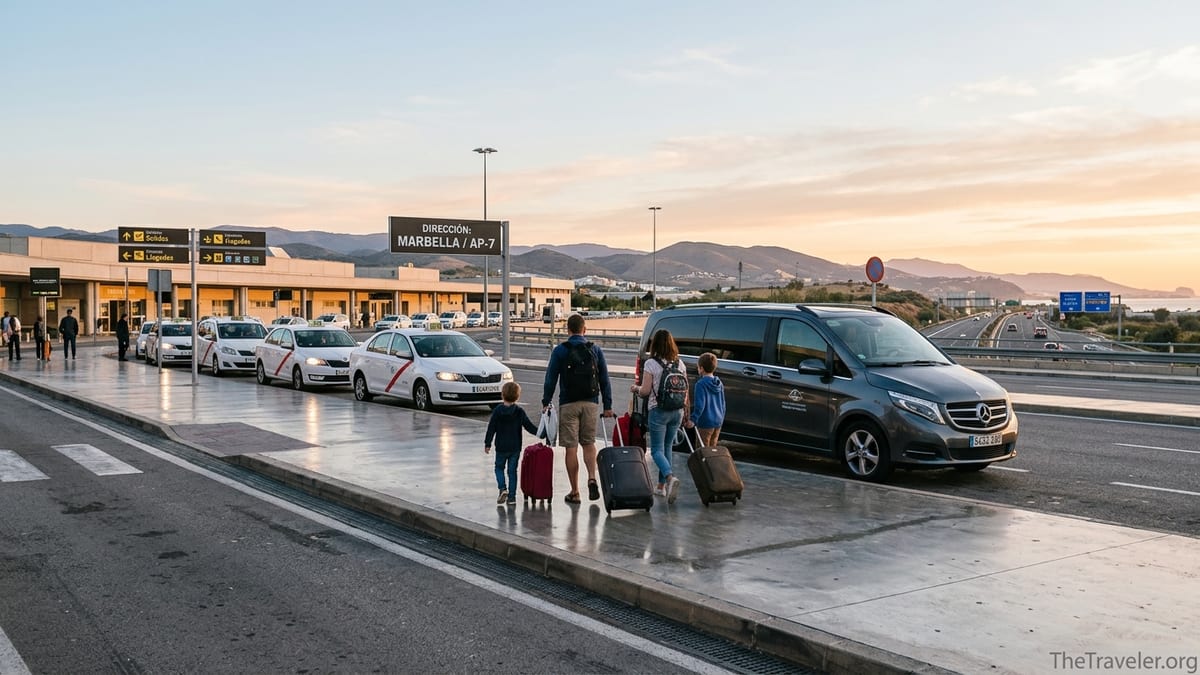 Travelers with luggage boarding a minivan outside Malaga Airport taxi area at sunrise.