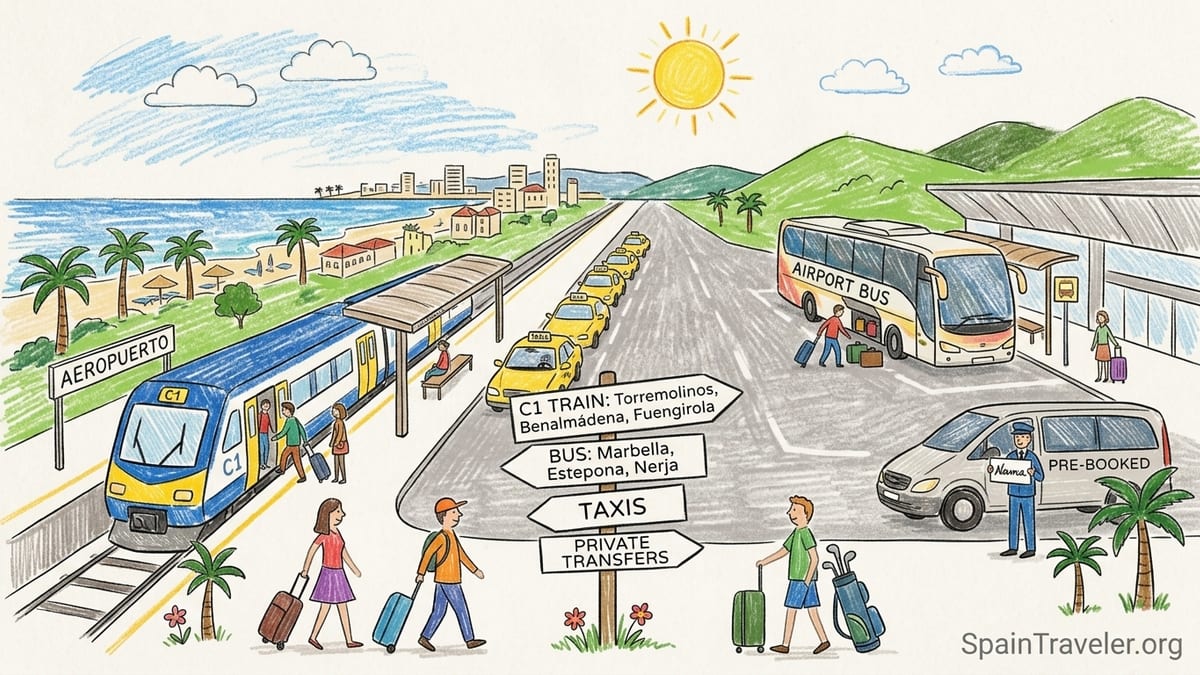 Travelers outside Málaga Airport choosing between train, taxis and private transfers under Mediterranean sun.
