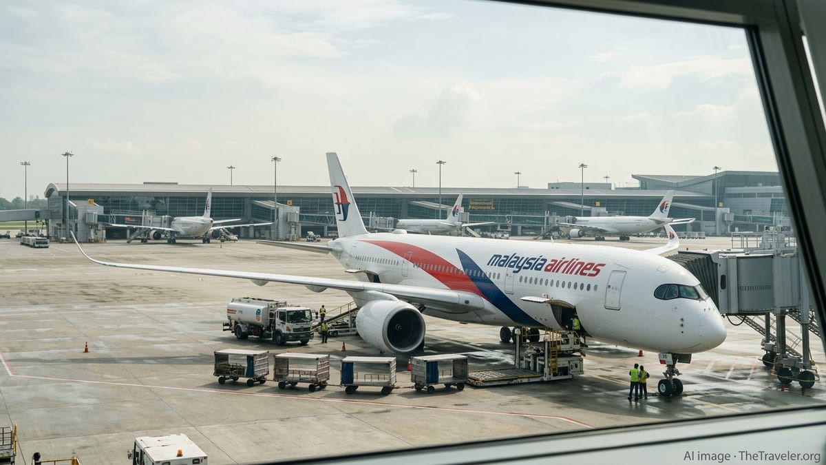 Malaysia Airlines A350 on the tarmac at Kuala Lumpur International Airport being serviced before a Europe-bound flight.
