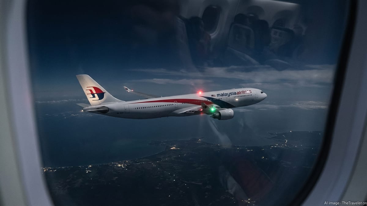 Malaysia Airlines jet seen from cabin window making a night-time banking turn above distant city lights.