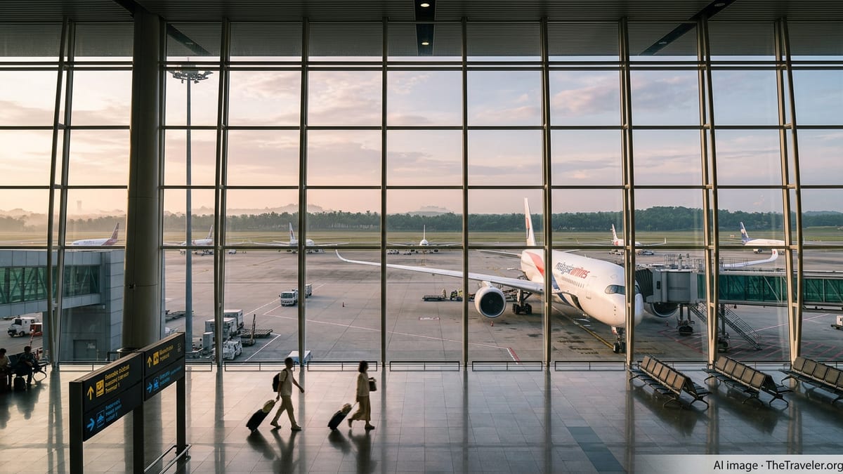 View of Kuala Lumpur International Airport terminal with aircraft at gate at sunrise.