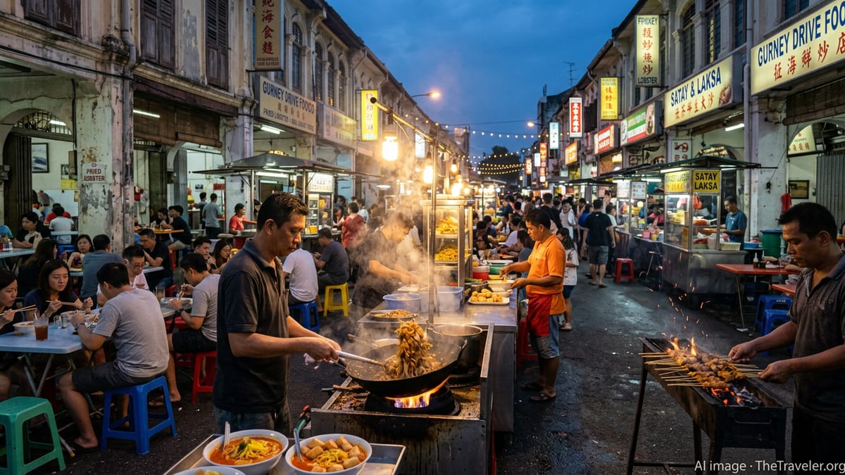 Busy Malaysian night market with wok-fried noodles, curry laksa, and satay stalls in Penang.