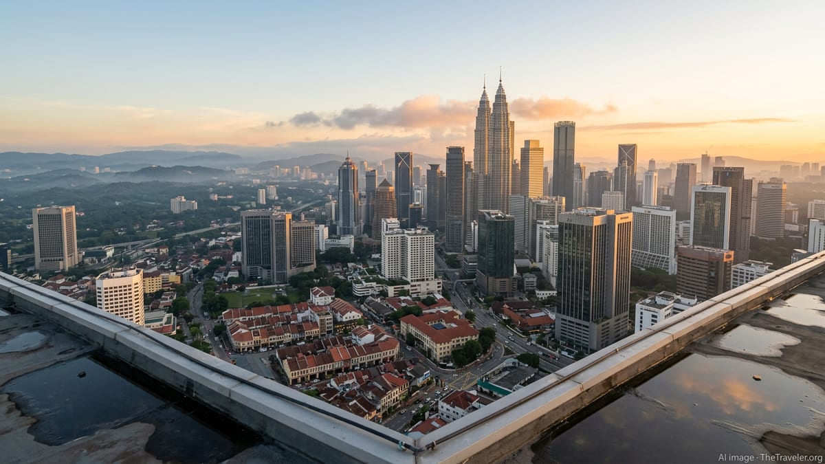 Sunrise over Kuala Lumpur skyline with Petronas Towers and distant green hills.
