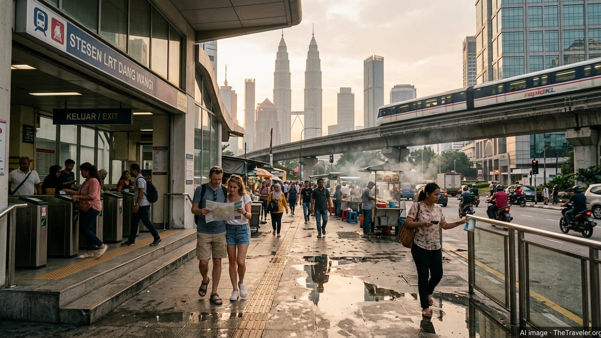 Tourists exiting a Kuala Lumpur LRT station at dusk with skyline and transit cards visible.
