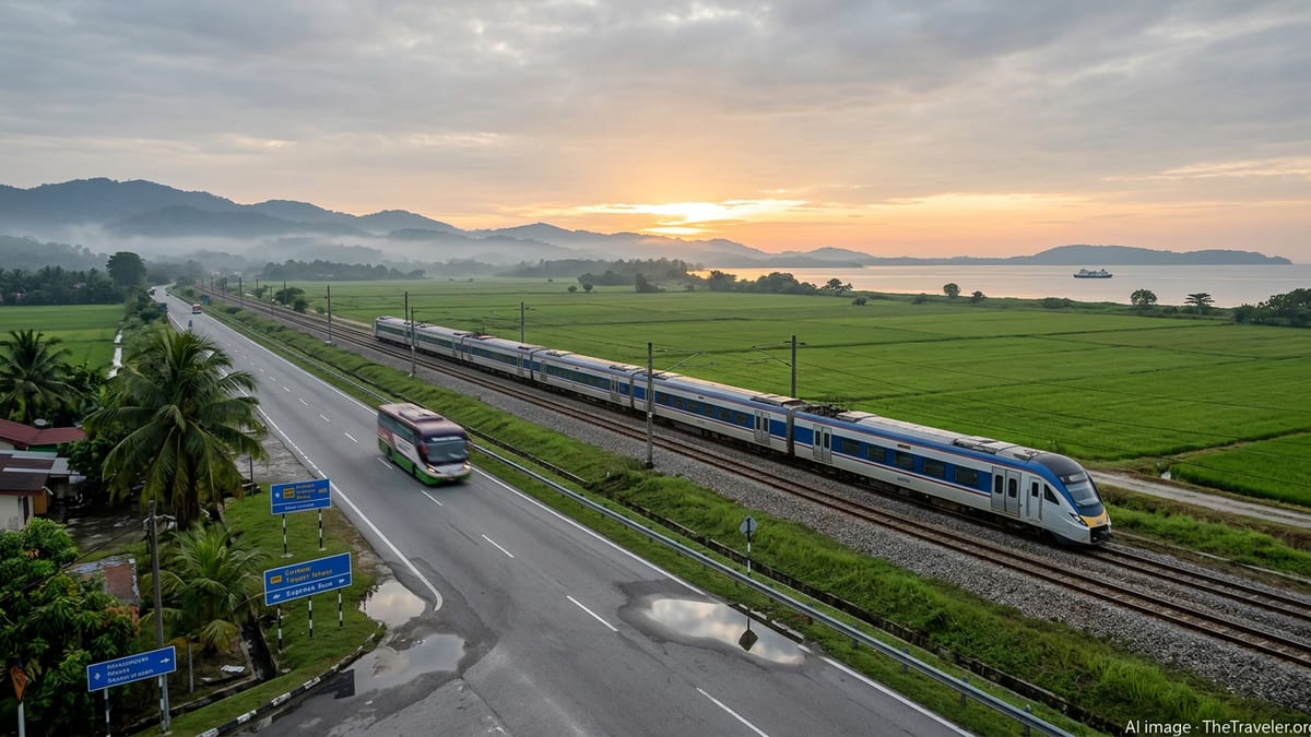 Malaysian train and highway running past rice fields at sunrise, hinting at travel between cities and islands.