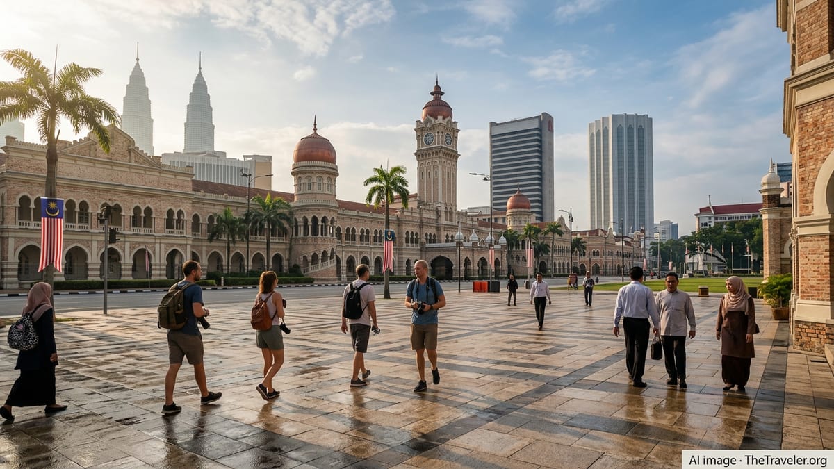 Morning view of Kuala Lumpur’s Merdeka Square with travelers and historic buildings.