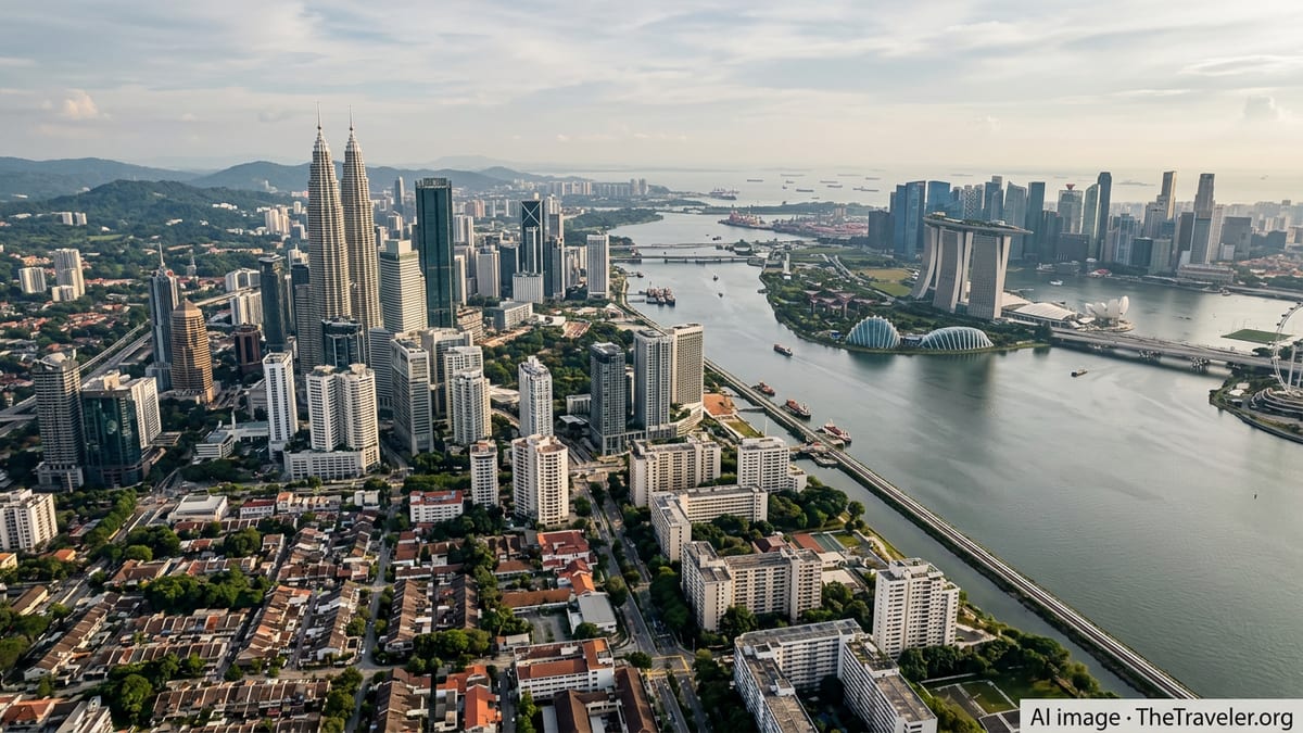 Aerial view comparing Kuala Lumpur and Singapore skylines under a hazy tropical sky.